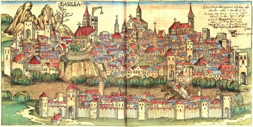 View of the city of Basel from the Schedel World Chronicle. 1495. Switzerland. Historical.