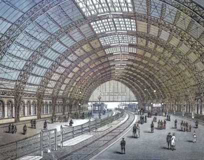 The hall of the Friedrichstraße station. Berlin. around 1895. Germany. digitally restored