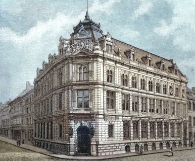 The Bayerische Vereinsbank in Munich. around 1880. Germany. digitally restored reproduction of an