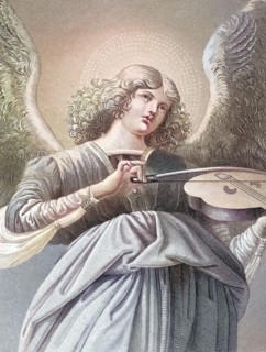 Musician angel with a violin. An angel with curly hair playing the violin. surrounded by a heavenly