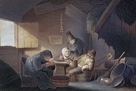 In the village tavern. a group of farmers gathered around a table in a rustic hut. play of light