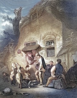 The organ grinder. barrel organ. scene at a farmhouse with several people in conversation and a dog