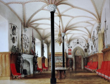 The Knight's Hall in Stolzenfels Castle near Koblenz around 1845. Rhineland-Palatinate. Germany.