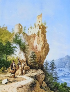 Neideck Castle ruins around 1850. a former high medieval aristocratic castle above the village of