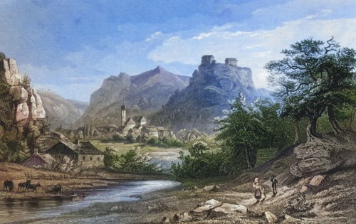 Pottenstein Castle and Village. climatic health resort. Franconian Switzerland. around 1850.