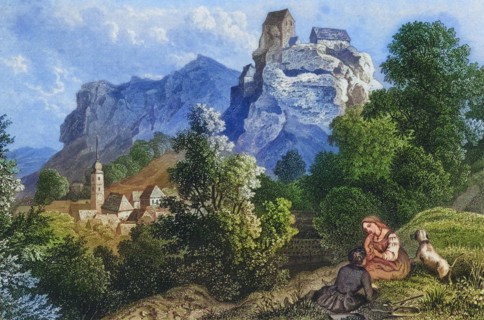 Pottenstein Castle and Village. climatic health resort. Franconian Switzerland. around 1850.