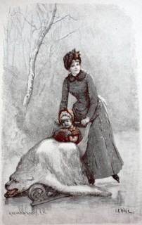 wealthy woman with ice skates out and about in winter. pushing a sled with her daughter. who is