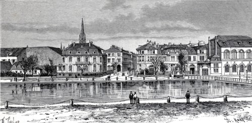 View of the city center of Mulhouse. today Mulhouse in Alsace. 1890. Germany. France. Historical.