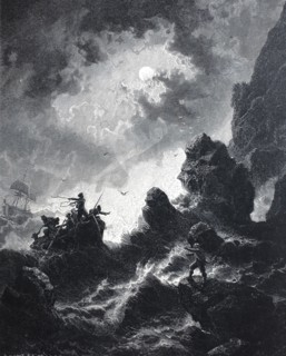 Night of terror. hurricane on the coast. lifeboat and wrecked sailing ship. distress at sea. 1880.