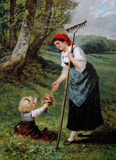 Mother's Day. little girl giving her mother a bouquet of flowers. field work with a wooden rake.