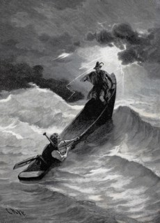 Thurnhammer goes out to sea in a boat during a storm. high waves. risk. 1880. historical. authentic