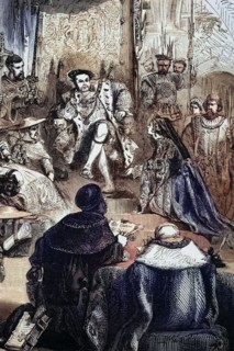 The trial of Queen Catherine in 1529. Catherine of Aragon was the first wife of Henry VIII. whose