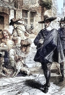 Puritans walk past a group of drinking Cavaliers. 1630. In the run-up to the English Civil War.