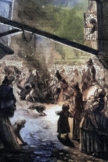 Crowds celebrate the death of Thomas Wentworth. 1st Earl of Strafford. who was executed on May 12.