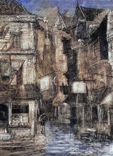 During the reign of Queen Elizabeth I. a 16th-century street during torrential rain in London.
