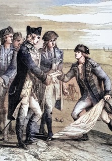 General George Washington accepts the white flag after the British surrender by Charles Cornwallis.