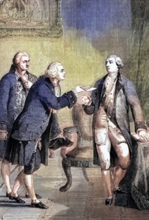 The presentation of John Adams. the appointed first American ambassador to Great Britain. to King