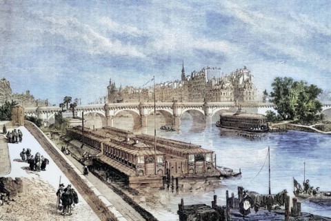 A view of the Seine and the Pont Neuf in Paris. 1840. France. digital reproduction of a historical
