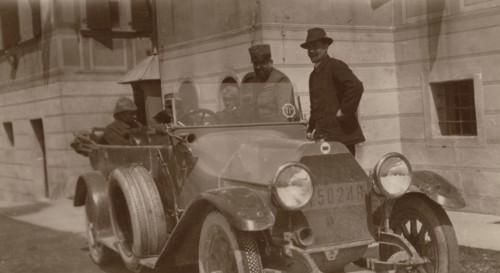 Officers of the First Army posing in a car. 1919
