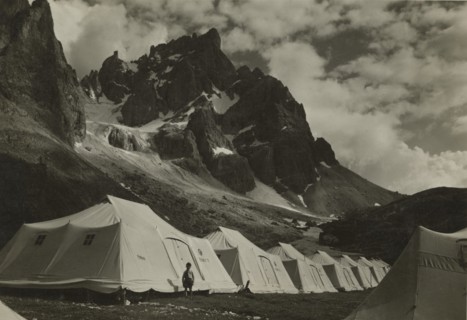 XIV Touring Club Italiano Campsite at the source of the Travignolo: tents at the foot of the Pale di San Martino. 1935