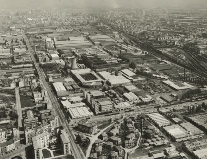 Aerial view of the Pirelli factories in the Bicocca area of Milan.. ca. 1960