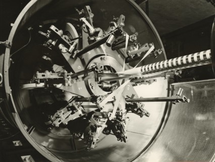 Paper cable wrapping machine at the Pirelli plant in Milan Bicocca. 1971