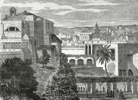 Almeria, Andalusia, Spain. View of St. Peter's Church and the Cathedral. Drawing by Letre.