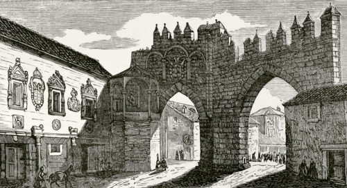 Baeza, province of Jaen, Andalusia, Spain. Gate of the Virgen del Populo. Engraving. Cronica