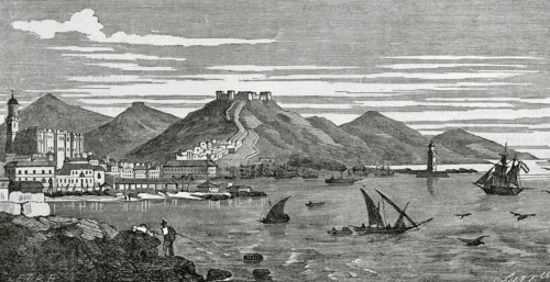 Malaga, Andalusia, Spain. Panoramic view of the city from El Espigon. Drawing by Letre. Engraving