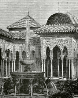 Granada, Andalusia, Spain. Alhambra. Patio and Fountain of the Lions. Engraving by Soriano. Cronica