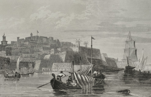 Valletta, Malta. General view of the city. Engraving. Lemaitre direxit. History of Malta and Gozo,