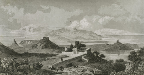 Island of Gozo, Malta. Panoramic view of the landscape. Engraving. Lemaitre direxit. History of