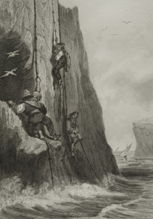 Island of Gozo, Malta. Fishermen on the cliffs. Engraving. Lemaitre direxit. History of Malta and