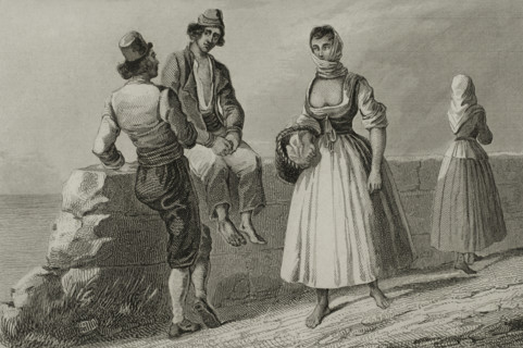 Malta. People from the island of Gozo in traditional costumes. Engraving. Lemaitre direxit. History