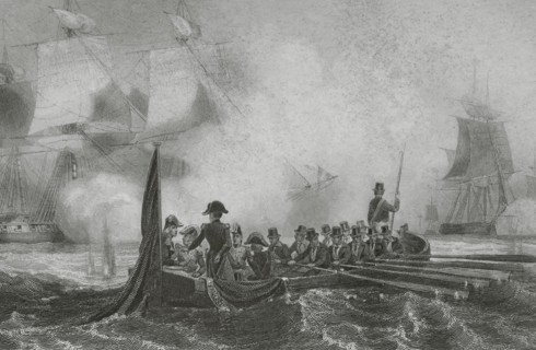 Napoleonic Wars. Napoleon facing the fire of an English frigate, 1804. Boulogne-sur-Mer, France.