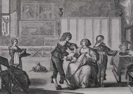 The surgeon. Preparation of a woman for bloodletting by venesection, 1632. Engraving by Huyot after