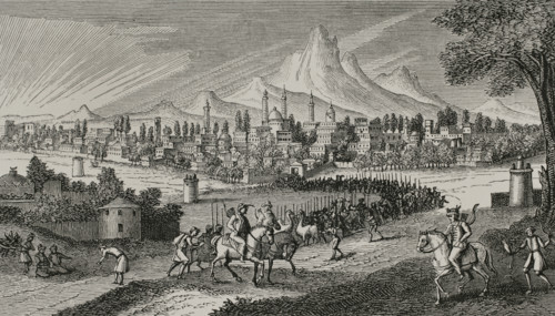 View of Isfahan, Persia, ca. 1673. Engraving. ""Voyages de monsieur le chevalier Chardin en Perse,