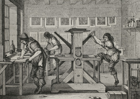 Workshop of an engraver. France. Engraving by Abraham Bosse (h. 1604-1676), 1642. XVIIme siecle: