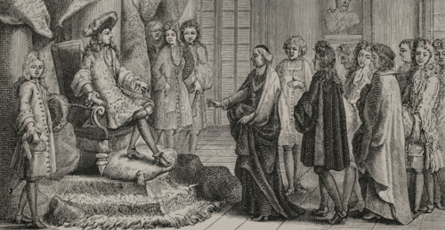 Members of the Academie Francaise (French Academy) presenting King Louis XIV (1638-1715) with the