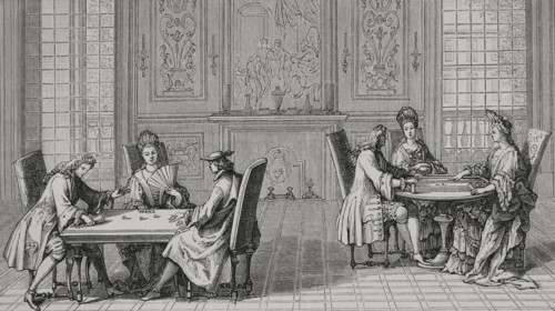 Board games at French court during the reign of Louis XIV (1643-1715). Engraving by Sebastien