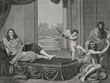 Moliere evoking the genie of comedy to punish vice and unmask hypocrisy. Engraving by Huyot based
