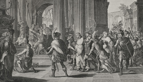 Milan. Saint Gervase and Saint Protase brought before the Roman general Astasius for professing