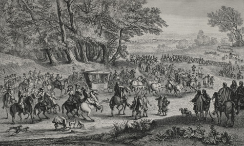 France. The queen moving to Fontainebleau accompanied by her guards. Engraving by Huyot after Adam