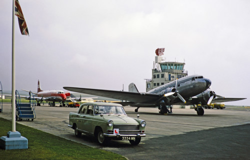 Morris Oxford car, Douglas DC3 plane of Strathair Airways, Vickers Viscount 701 plane of Cambrian