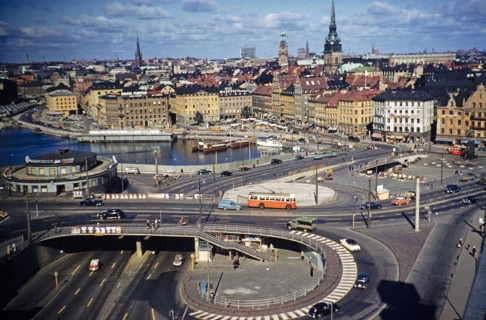 Vehicles using new road fly-over system in city centre, Stockholm, Sweden 1958 driving on the left.