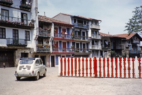 Fiat 600D car in historic area of Hondarribia or Fuenterrabia, Basque country, northern Spain, 1959