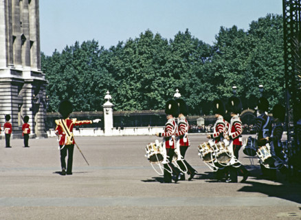 Guardsmen soliders marching, Changing of the Guard, Buckingham Palace, London, England, Uk, late
