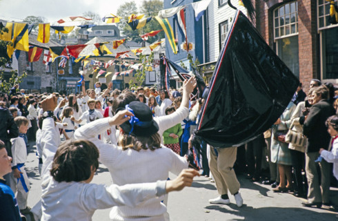 Obby Horse May Day festival, Padstow, Cornwall, England, UK 1975 - The Blue 'Oss.
