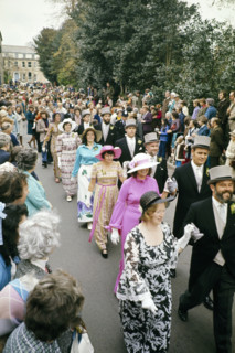 Flora Day, Helston, Cornwall, England, UK 1973 - crowds watch couples perform the  Furry dance in