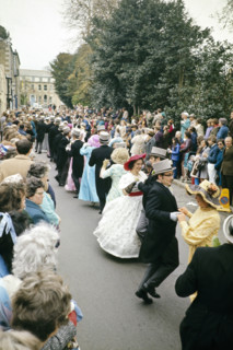 Flora Day, Helston, Cornwall, England, UK 1973 - crowds watch couples perform the  Furry dance in